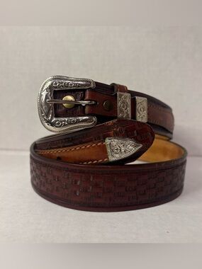 Vintage Cowhide Belt Sheplers Western Ranger 38 Basketweave Silver USA Cowboy